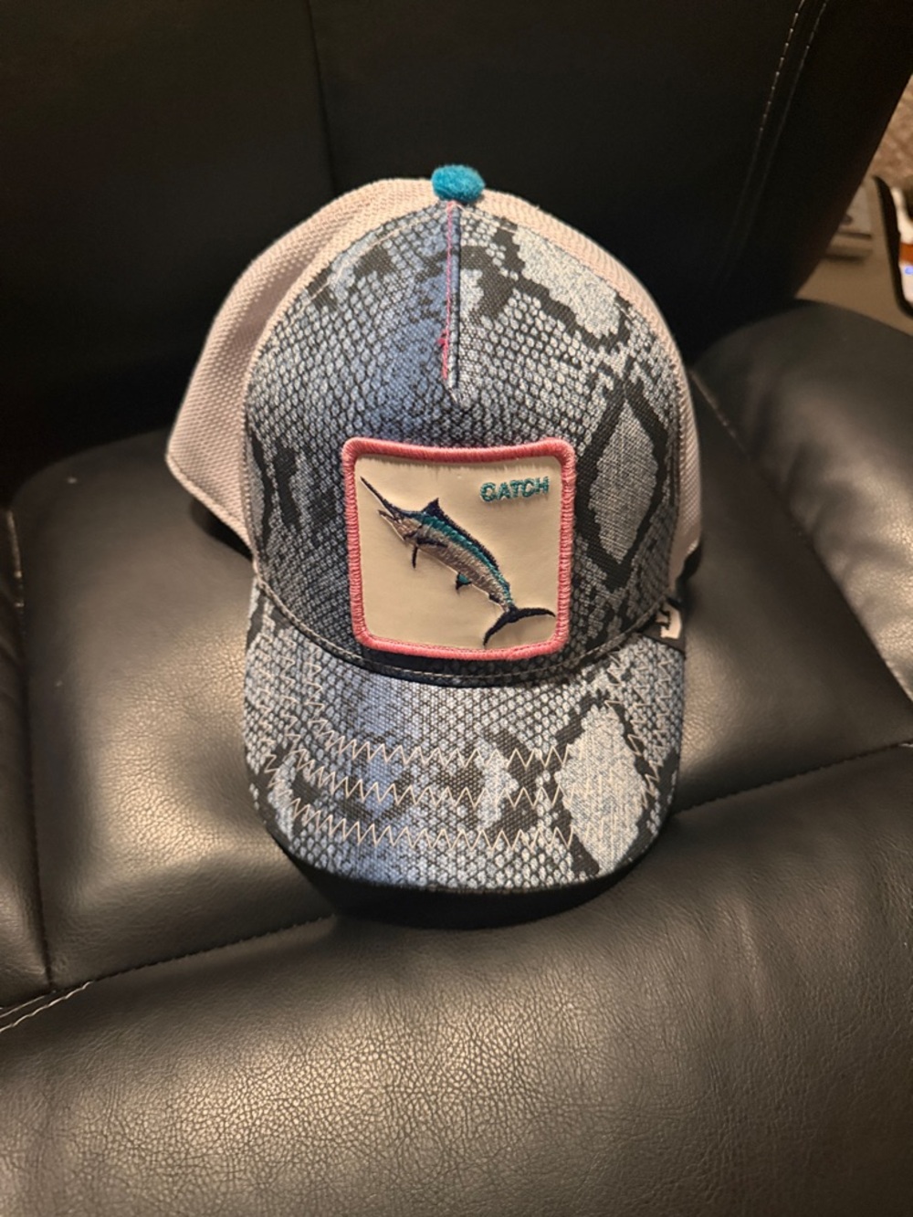 Gray Snake-Print Trucker Hat with Marlin Patch "catch"